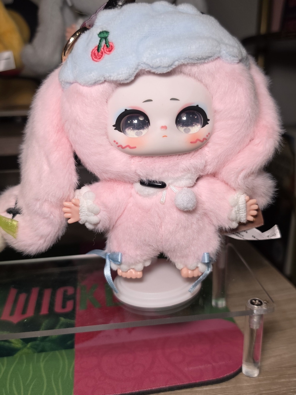 Pink Plush Bunny Doll Keychain with Blue Hat